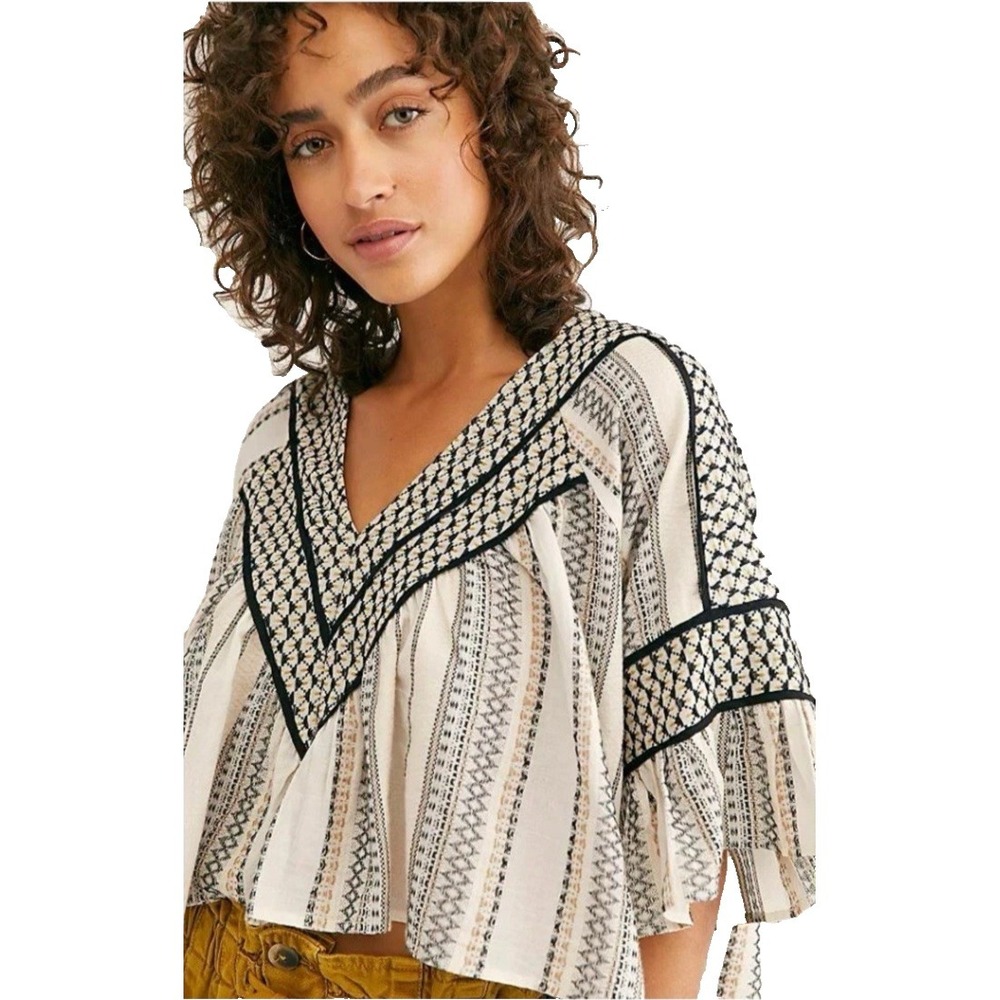 Free People Runnin On A Dream Peasant Top Small Embroidered Cropped Flared